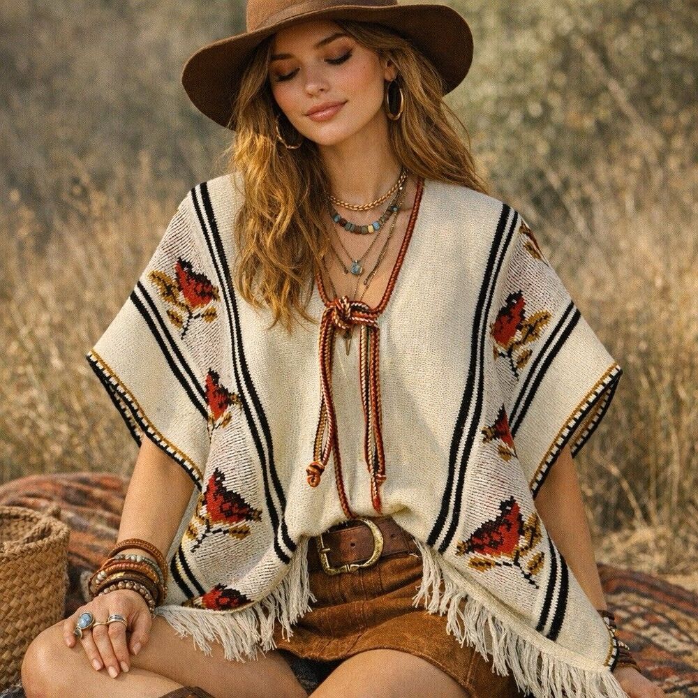 VTG 70s Hippie Boho Poncho Cape Knit Sweater Vest Fringe Bird Motif Festival